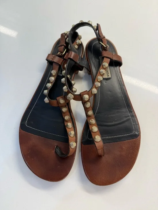 Balenciaga Brown Studded T-Strap Sandals - Women - Picture 1 of 5